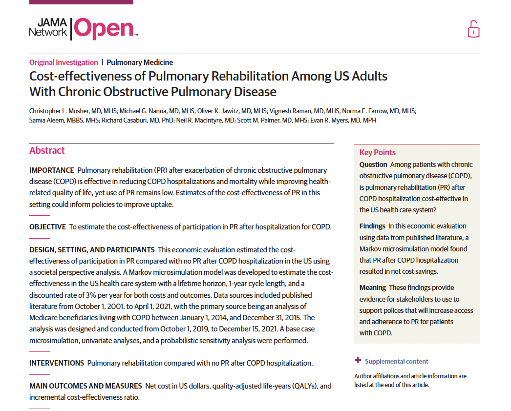 Cost-effectiveness of Pulmonary Rehabilitation Among US Adults With Chronic Obstructive Pulmonary Disease